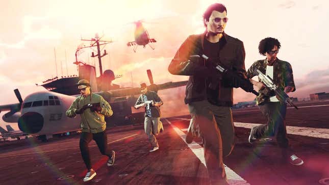 An image shows a group of GTA Online players running away from an attack helicopter. 