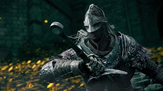A tarnished player in Elden Ring grabs their sword while they stand in a field of yellow flowers. 