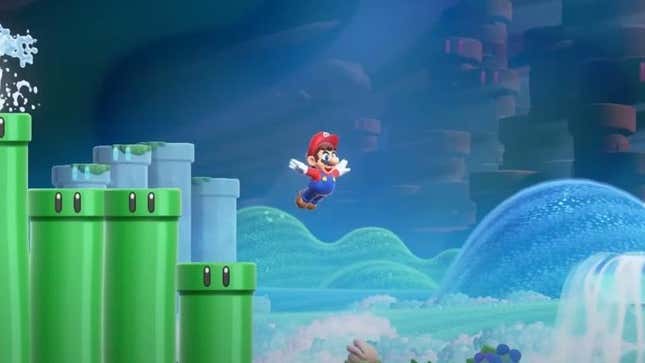Mario spreads his arms while leaping. 