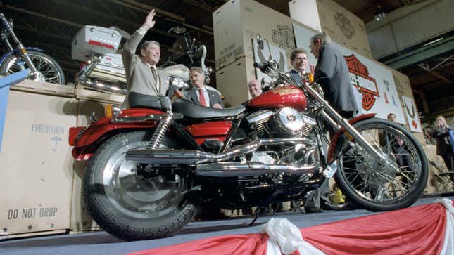 President Ronald Reagan waving during a trip to Harley-Davidson’s York, PA, factory in 1987.