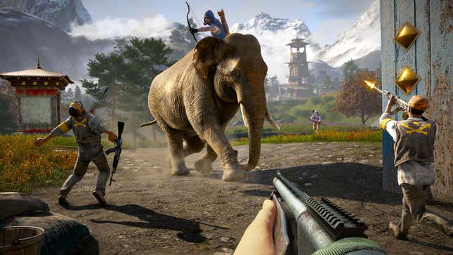 A screenshots shows a person riding an elephant while attacking nearby guards. 