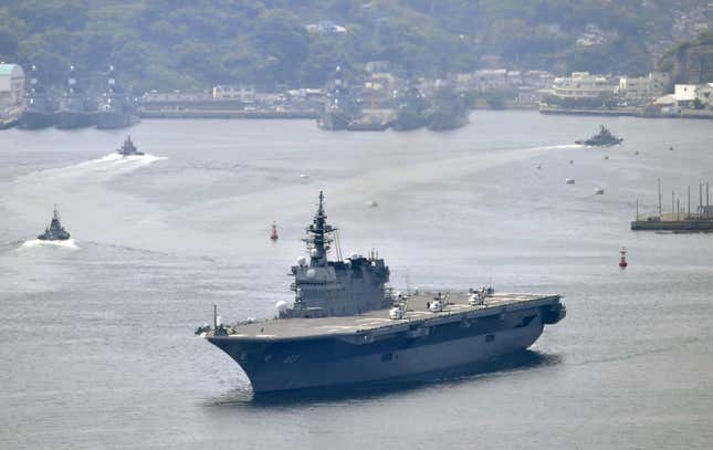 Japan’s Maritime Self-Defense Force helicopter carrier Izumo leaves Yokosuka base, southwest of Tokyo, on May 1, 2017.