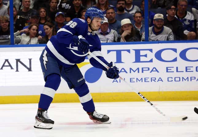 Apr 11, 2023; Tampa, Florida, USA; Tampa Bay Lightning defenseman Mikhail Sergachev (98) shoots against the Toronto Maple Leafs during the first period at Amalie Arena.