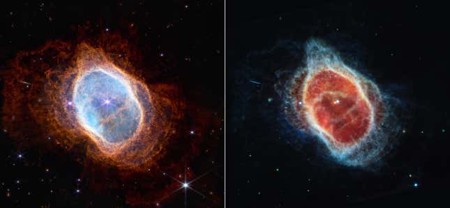 The Southern Ring Nebula as seen in infrared (left) and mid-infrared (right) wavelengths.