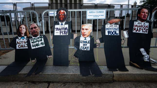  Cardboard cutouts of the conservative Supreme Court justices were propped up by pro-choice activists in front of the Supreme Court before the Dobbs v Jackson Womens Health Organization decision overturning Roe v Wade was handed down at the U.S. Supreme Court on Friday, June 24, 2022. 