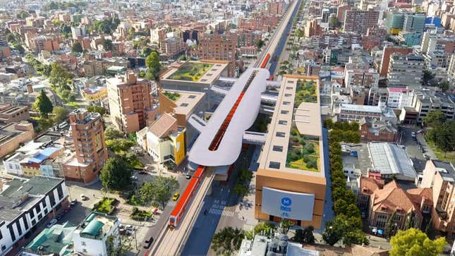 aerial photo rendering of a train station with red train passing through it, running through a city
