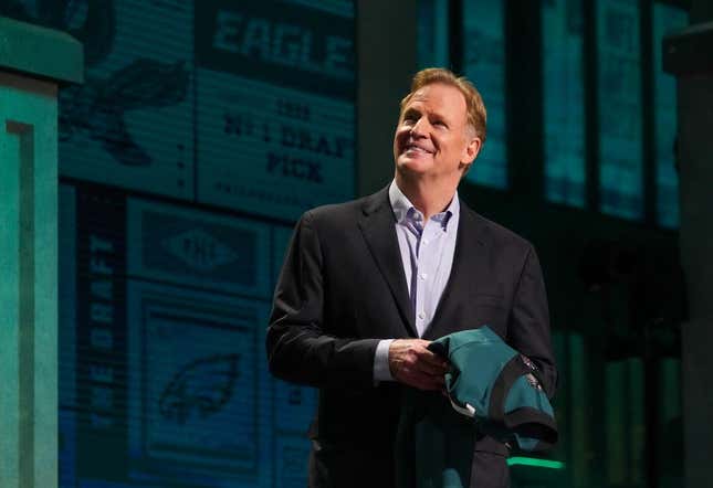 Apr 27, 2023; Kansas City, MO, USA; NFL commissioner Roger Goodell looks on after Georgia defensive lineman Jalen Carter (not pictured) was selected by the Philadelphia Eagles ninth overall in the first round of the 2023 NFL Draft at Union Station.
