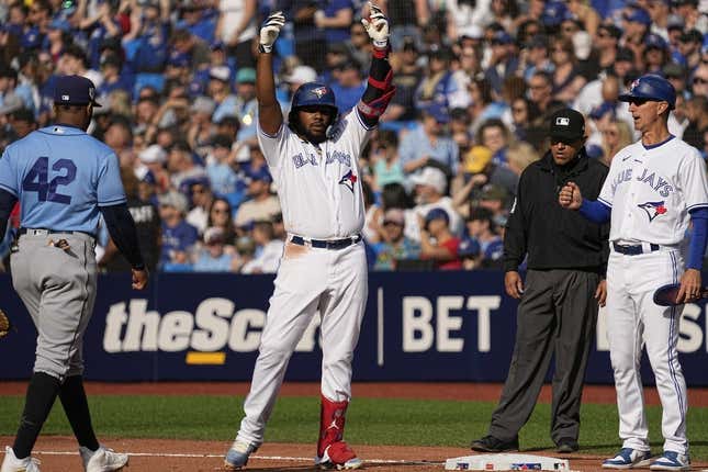 Apr 15, 2023; Toronto, Ontario, CAN; Toronto Blue Jays designated hitter Vladimir Guerrero Jr. celebrates hitting a single against the Tampa Bay Rays during the seventh inning at Rogers Centre.
