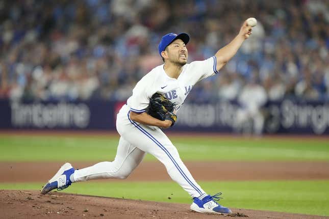 Aug 15, 2023; Toronto, Ontario, CAN; Toronto Blue Jays starting pitcher Yusei Kikuchi (16) pitches to the Philadelphia Phillies during the first inning at Rogers Centre.