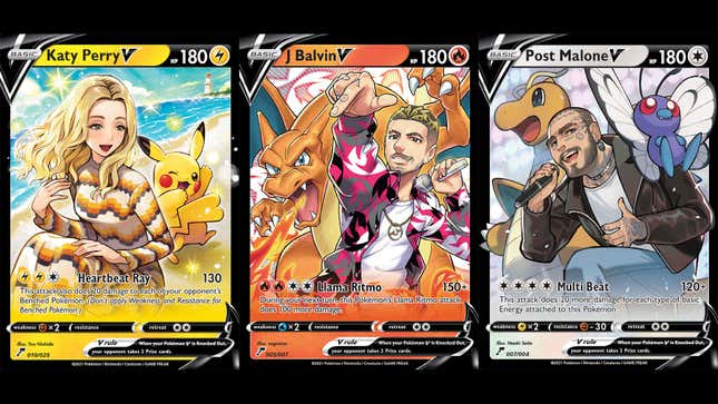 A trio of anime-style Pokémon cards starring musical artists Katy Perry, J Balvin, and Post Malone. 