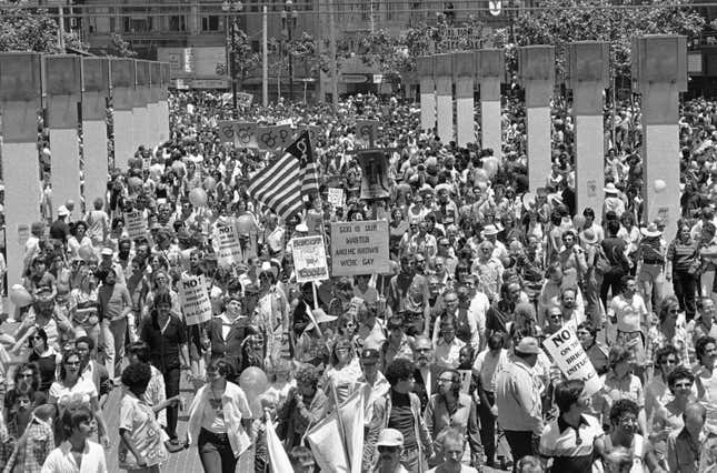 Flag’s debut: Gay Freedom Day Parade march through the United Nations Plaza, San Francisco, June 25, 1978.