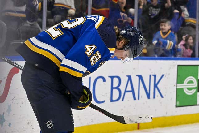 Apr 6, 2023; St. Louis, Missouri, USA;  St. Louis Blues right wing Kasperi Kapanen (42) reacts after scoring the game winning goal in overtime against the New York Rangers at Enterprise Center.