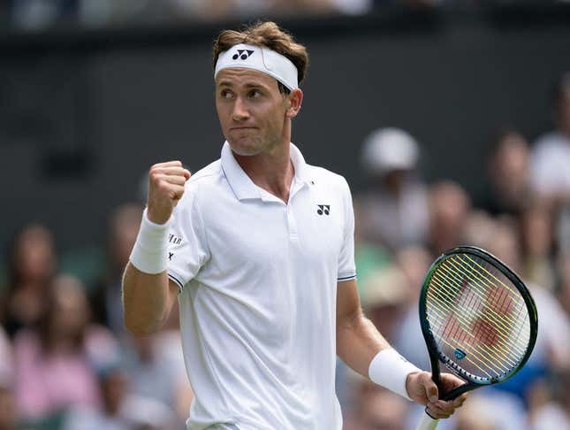 Jul 6, 2023; London, United Kingdom; Casper Ruud (NOR) reacts to a point during his match against Liam Broady (GBR) on day four at the All England Lawn Tennis and Croquet Club.