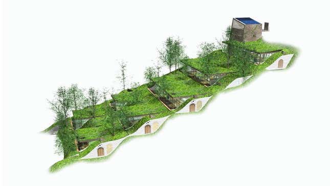 A rendering of the Miyawaki Gurindo complex, with the greenery.