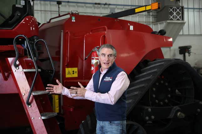 Republican presidential candidate North Dakota Governor Doug Burgum tours the Rueter's equipment dealership before a town hall meeting with employees on June 09, 2023 in Elkhart, Iowa