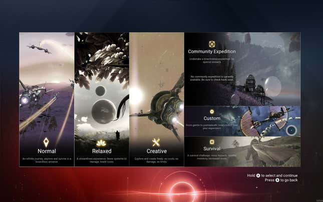 The new game menu of No Man's Sky shows a number of options.