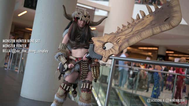A cosplayer wears the Bone Armor set from the Monster Hunter games.