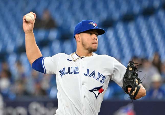 Apr 25, 2023; Toronto, Ontario, CAN;  Toronto Blue Jays starting pitcher Jose Berrios (17) delivers a pitch against the Chicago White Sox in the first inning at Rogers Centre.