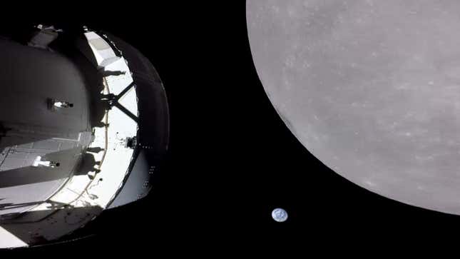 The Earth is seen setting from the far side of the Moon just beyond the Orion spacecraft in this video taken on the sixth day of the Artemis I mission by a camera on the tip of one of Orion’s solar arrays. The spacecraft was preparing for the Outbound Powered Flyby maneuver which would bring it within 80 miles of the lunar surface, the closest approach of the uncrewed Artemis I mission, before moving into a distant retrograde orbit around the Moon. The spacecraft entered the lunar sphere of influence Sunday, Nov. 20, making the Moon, instead of Earth, the main gravitational force acting on the spacecraft.