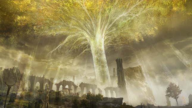 A piece of concept art from Elden Ring depicting a massive tree over a ruined countryside.