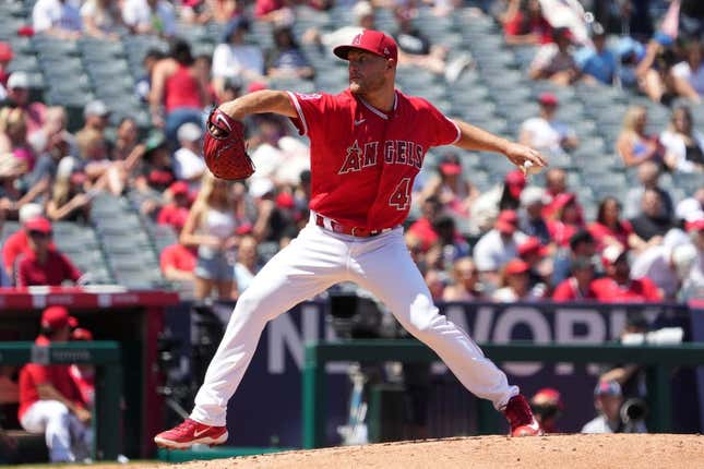 Apr 23, 2023; Anaheim, California, USA; Los Angeles Angels starting pitcher Reid Detmers (48) throws during the third inning against the Kansas City Royals at Angel Stadium.