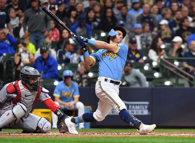 Sep 15, 2023; Milwaukee, Wisconsin, USA; Milwaukee Brewers outfielder Sal Frelick (10) misses as he swings a pitch against the Washington Nationals in the fourth inning at American Family Field.
