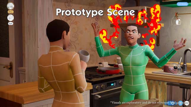 A prototype from Project Rene, the next mainline Sims game in development, shows new socialization animations like fire around an angry Sim.