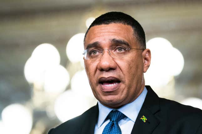 Prime Minister of Jamaica Andrew Holness speaks following a meeting with Vice President Kamala Harris at the Eisenhower Executive Office Building on the White House complex, in Washington, Wednesday, March 30, 2022.