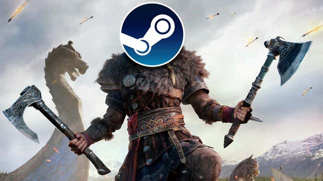 A large Viking warrior stands tall with the Steam logo on their face like a mask. 