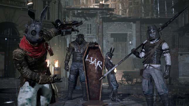Lies of P's Black Rabbit Brotherhood gang stand next to a coffin with the word "Liar" emblazoned in white inside of it.