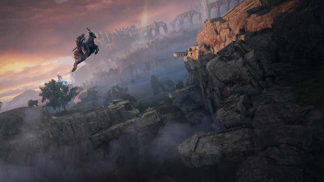 Torrent and the Tarnished leap across a chasm in Elden Ring's vast world.