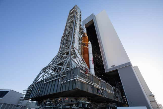 SLS leaving the Vehicle Assembly Building at NASA’s Kennedy Space Center in Florida on March 17, 2022.