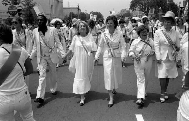 From left: Gloria Steinem, Dick Gregory, Betty Friedan, Rep. Elizabeth Holtzman, D-N.Y., Rep. Barbara Mikulski, D-Md., Rep. Margaret Heckler, R-Mass.