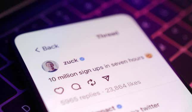 An iPhone shows a Thread posted by Mark Zuckberg that reads "10 million sign ups in seven hours."