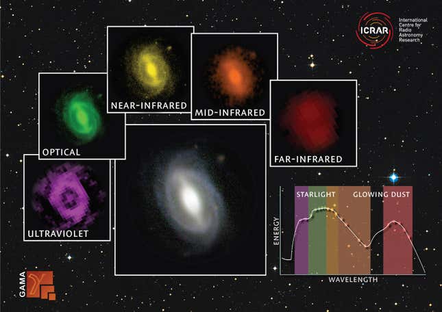 A galaxy from the GAMA survey observed at different wavelengths from the far ultraviolet to the far infrared. The inset graph shows how much energy is being generated at different wavelengths.