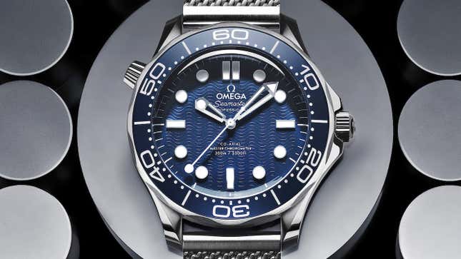 A close-up of the face of the Omega Seamaster Diver 300M 60 Years Of James Bond watch.