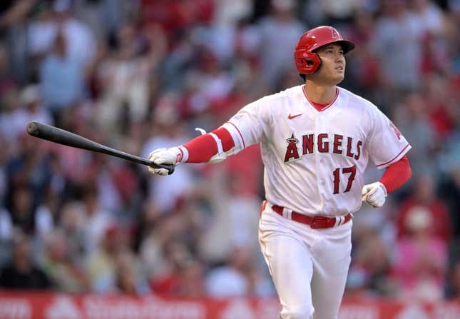 Jun 26, 2023; Anaheim, California, USA;  Los Angeles Angels designated hitter Shohei Ohtani (17) watches the flight of the ball on a solo home run in the fourth inning against the Chicago White Sox at Angel Stadium.