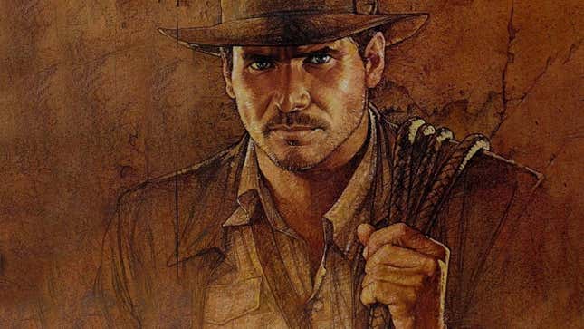 A classic illustration shows Indiana Jones looking seriously at the viewer, his whip rolled up over his shoulder.
