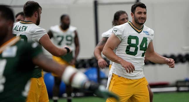 Green Bay Packers tight end Tyler Davis (84) is shown during organized team activities Tuesday, May 23, 2023 in Green Bay, Wis.