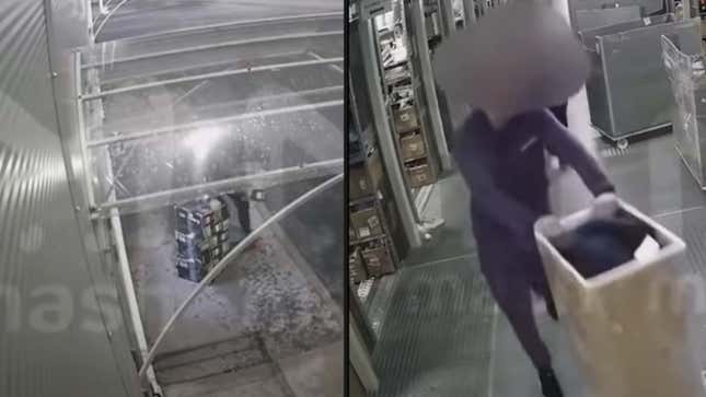 Screenshots of the thieves stealing video cards from a warehouse at night. 