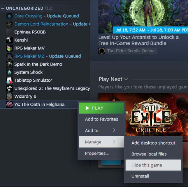 Hiding games from Steam’s library tab