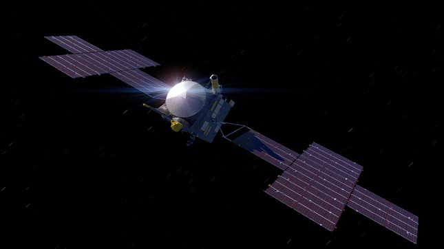 An illustration of the Psyche spacecraft on its way to the metal-rich asteroid.
