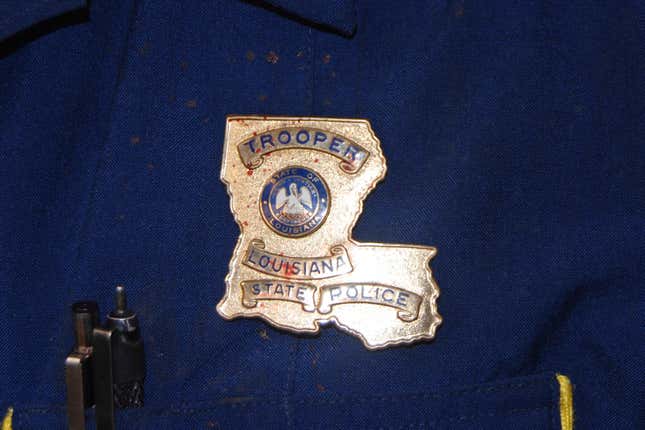 This May 10, 2019 photo provided by the Louisiana State Police shows blood stains on the shield and uniform of Master Trooper Chris Hollingsworth, in West Monroe, La., after troopers punched, dragged and stunned Black motorist Ronald Greene during his fatal 2019 arrest. 