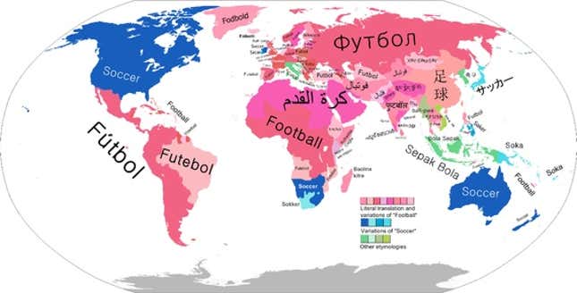 How different country refer to the game of soccer. The shades of pink are variations and literal translations of “football,” blues are “soccer,” and greens are other etymologies