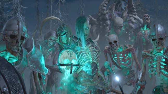 Diablo Iv's Necromancer is standing in the center of the image, surrounded by an army of undead skeleton warriors.