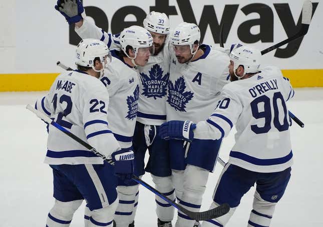 May 10, 2023; Sunrise, Florida, USA; Toronto Maple Leafs right wing Mitchell Marner (16) celebrates a goal during the third period against the Florida Panthers in game four of the second round of the 2023 Stanley Cup Playoffs at FLA Live Arena.