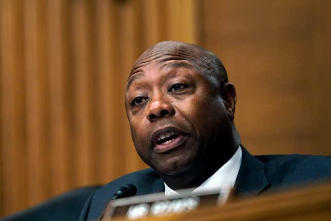 Sen. Tim Scott, R-S.C., speaks as Treasury Secretary Janet Yellen testifies before a Senate Banking, Housing, and Urban Affairs Committee hearing, Tuesday, May 10, 2022, on Capitol Hill in Washington.