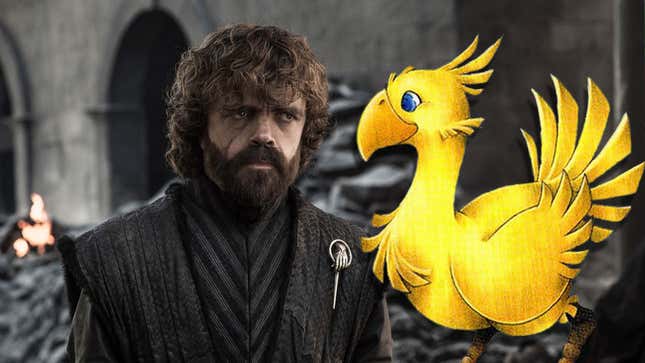A man from Game of Thrones looks at a Chocobo cartoon from Final Fantasy. 
