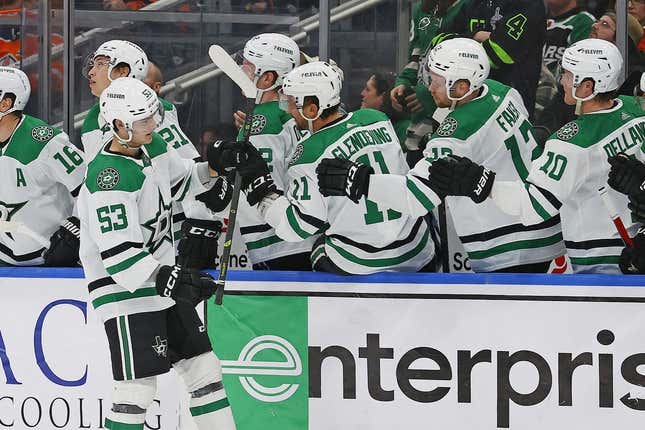 Mar 16, 2023; Edmonton, Alberta, CAN; The Dallas Stars celebrate a goal by forward Wyatt Johnson (53) during the third period against the Edmonton Oilers at Rogers Place.