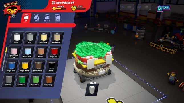 Lego 2K Drive's garage mode shows a car made to look like a cheeseburger.